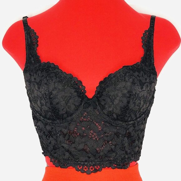 Victoria’s Secret Black Bra Corset Bustier 34B B75 Lace Mesh Lingerie Romantic - Picture 1 of 8